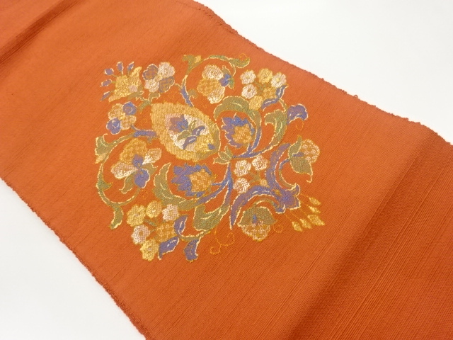 手織り紬花唐草模様織出し名古屋帯